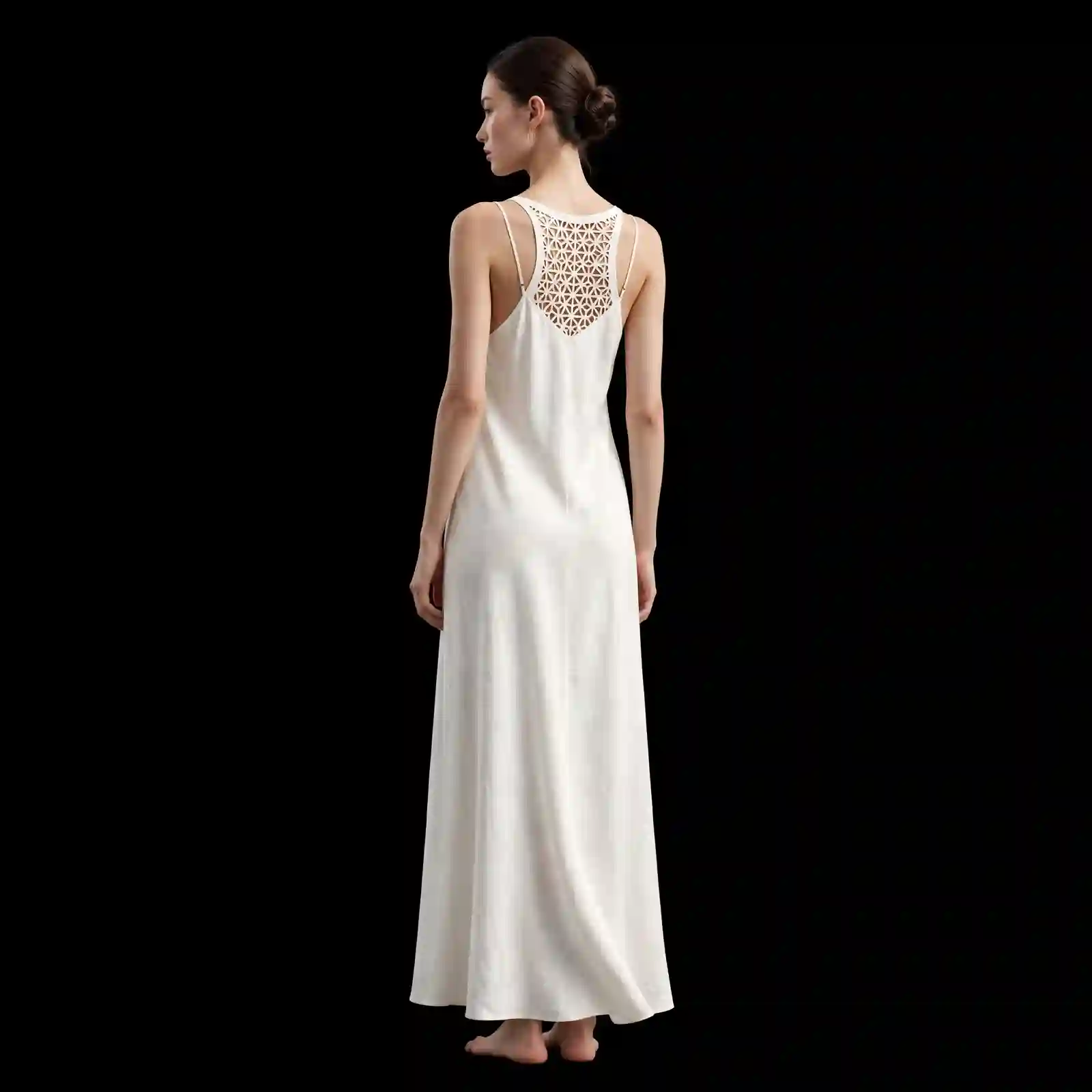 ExpensiveE White Linen Geometric Laser Cut Back Yoke Spaghetti Strap Maxi Dress