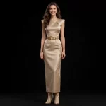 ExpensiveE  Champagne Beige Western Embroidered Satin Belted Midi Dress