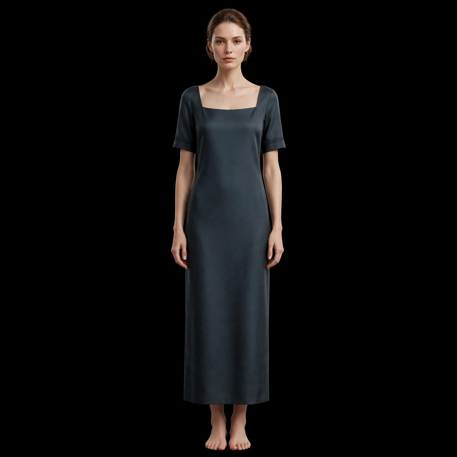 ExpensiveE Navy Blue Sculptural Disc Collar Belted Shirt Maxi Dress