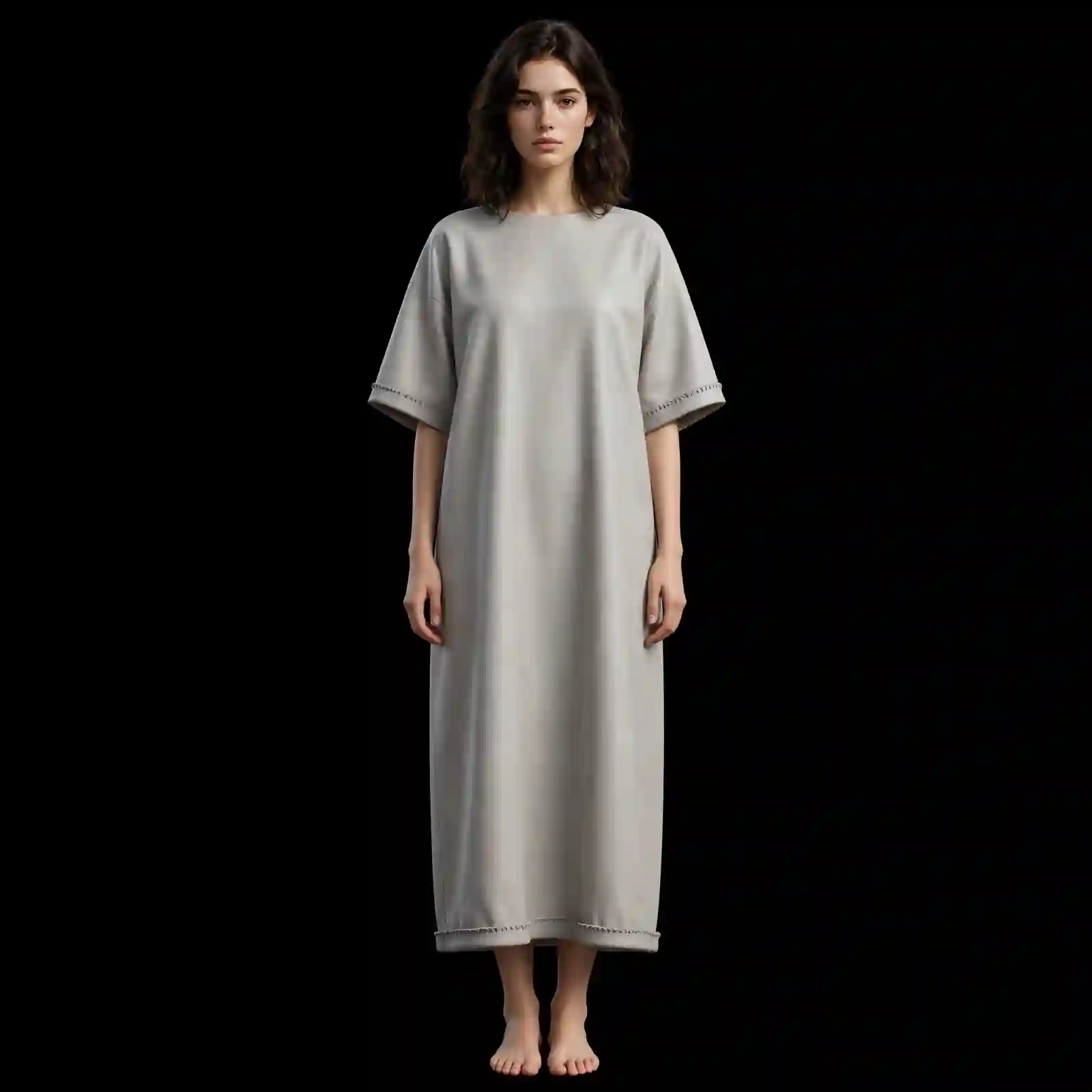 ExpensiveE Light Grey Leather Short Sleeve Straight Column Midi T Shirt Dress