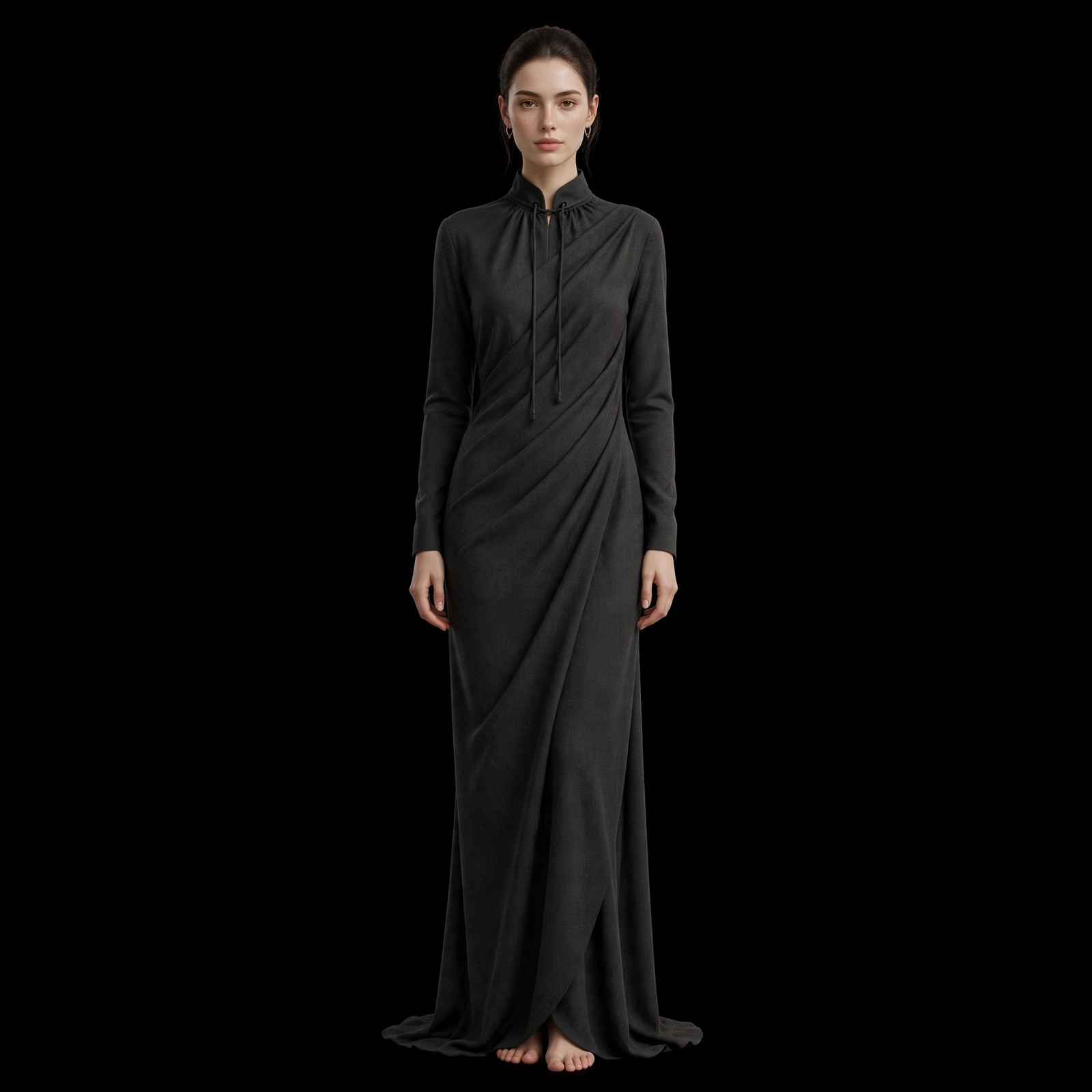 ExpensiveE Charcoal Black Tie Neck Drape Wrap Mandarin Collar Long Sleeve Maxi Dress