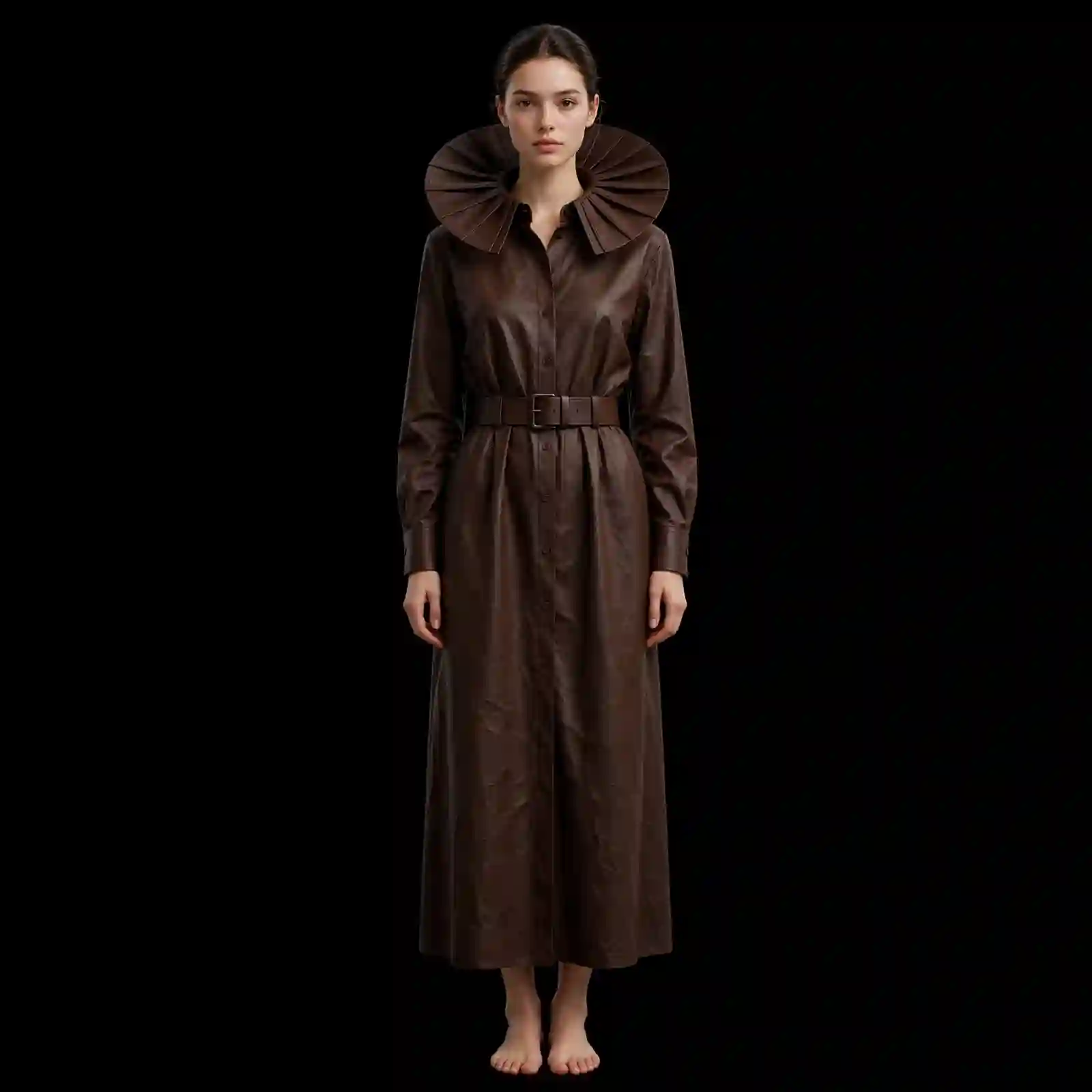 ExpensiveE Brown Leather Pleated Fan Ruff Collar Shirt Belted Maxi Shirt Dress
