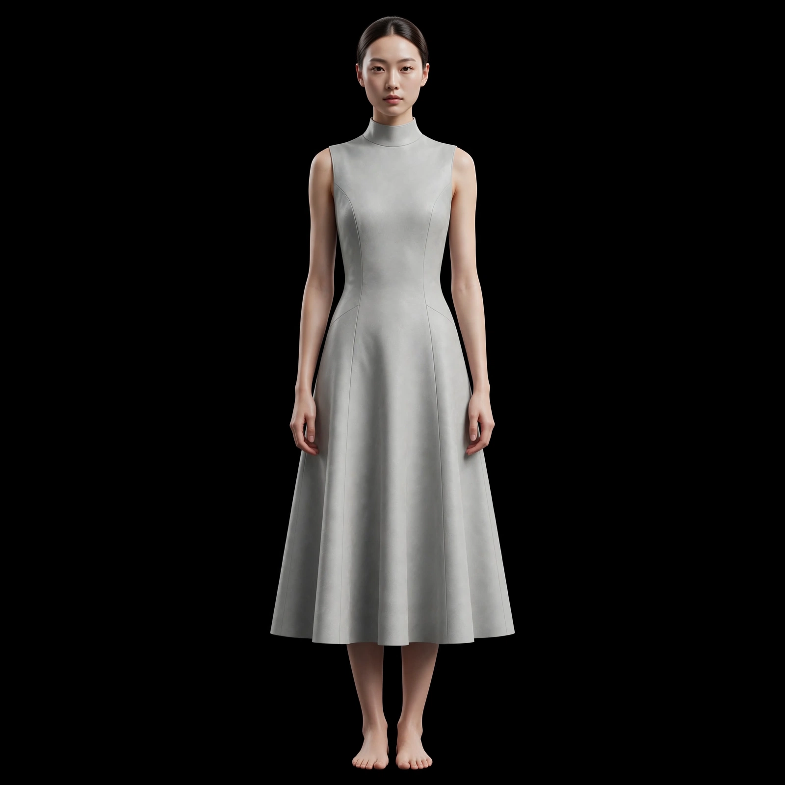 ExpensiveE Light Grey High Neck Princess Seam Sleeveless Fit and Flare Midi Dress