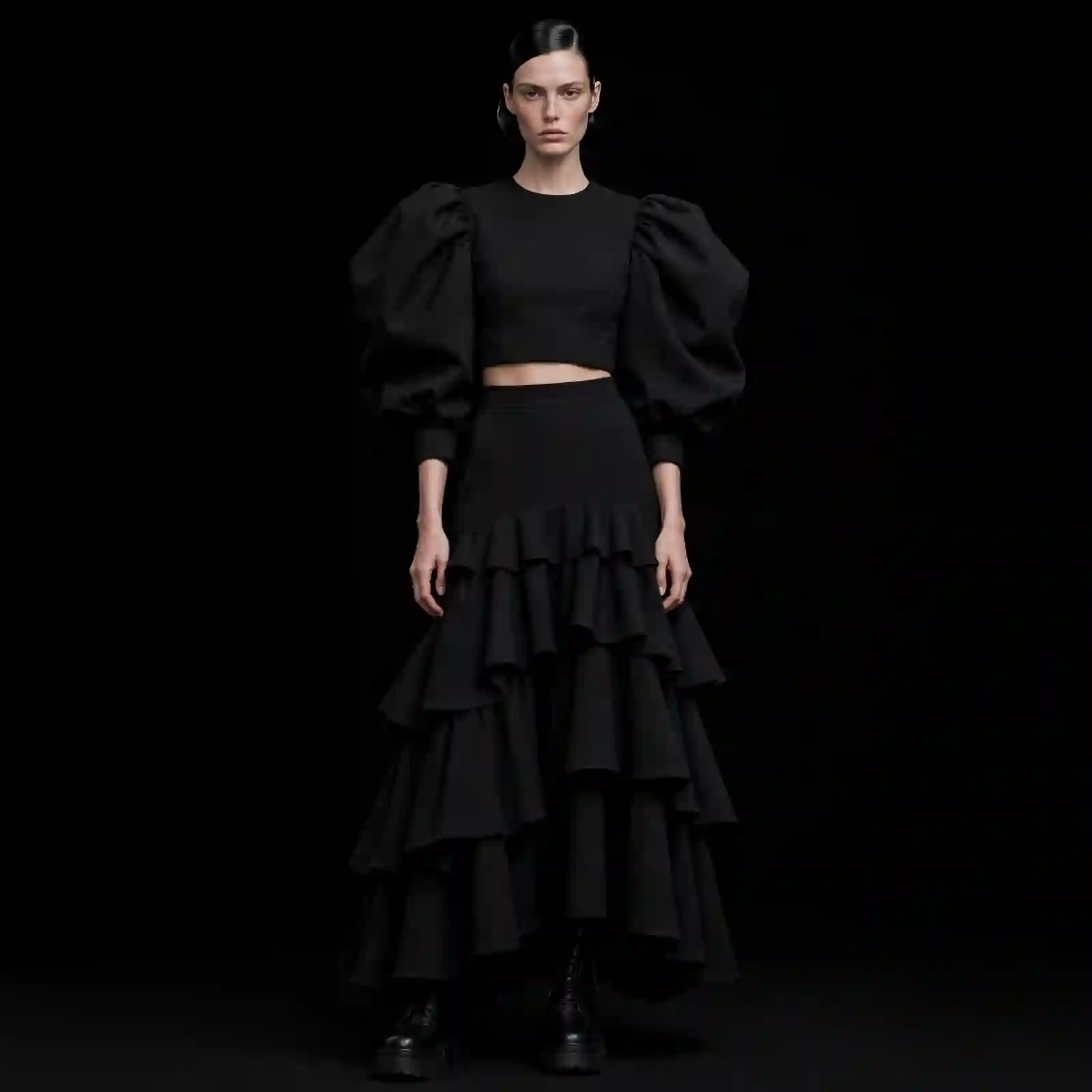 ExpensiveE Black Puff Balloon Sleeve Crop Top Tiered Ruffle Maxi Skirt Co-ord