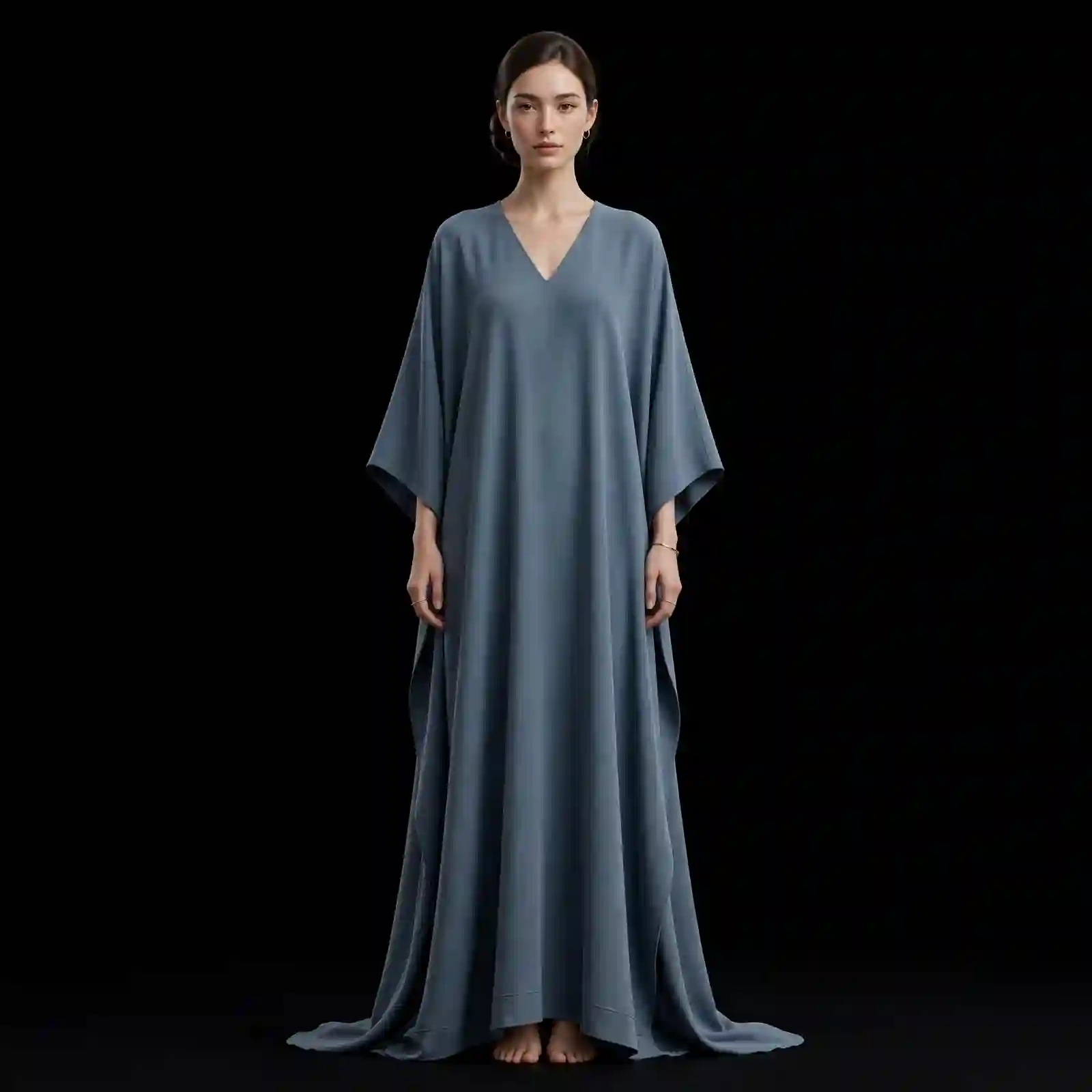 ExpensiveE Dusty Slate Blue Kaftan V-Neck Loose Maxi Dress