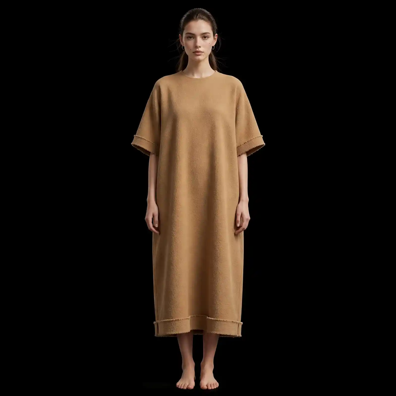 ExpensiveE Camel Tan Oversized Frayed Hem T-Shirt Midi Dress