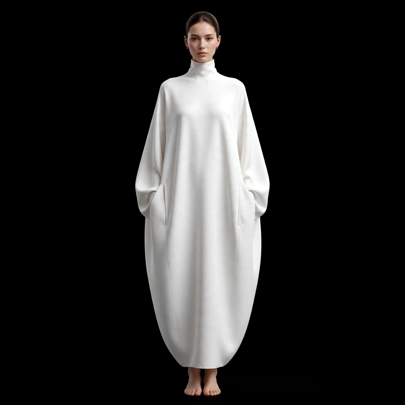 ExpensiveE White High Neck Cocoon Batwing Pocket Oversized Midi Dress