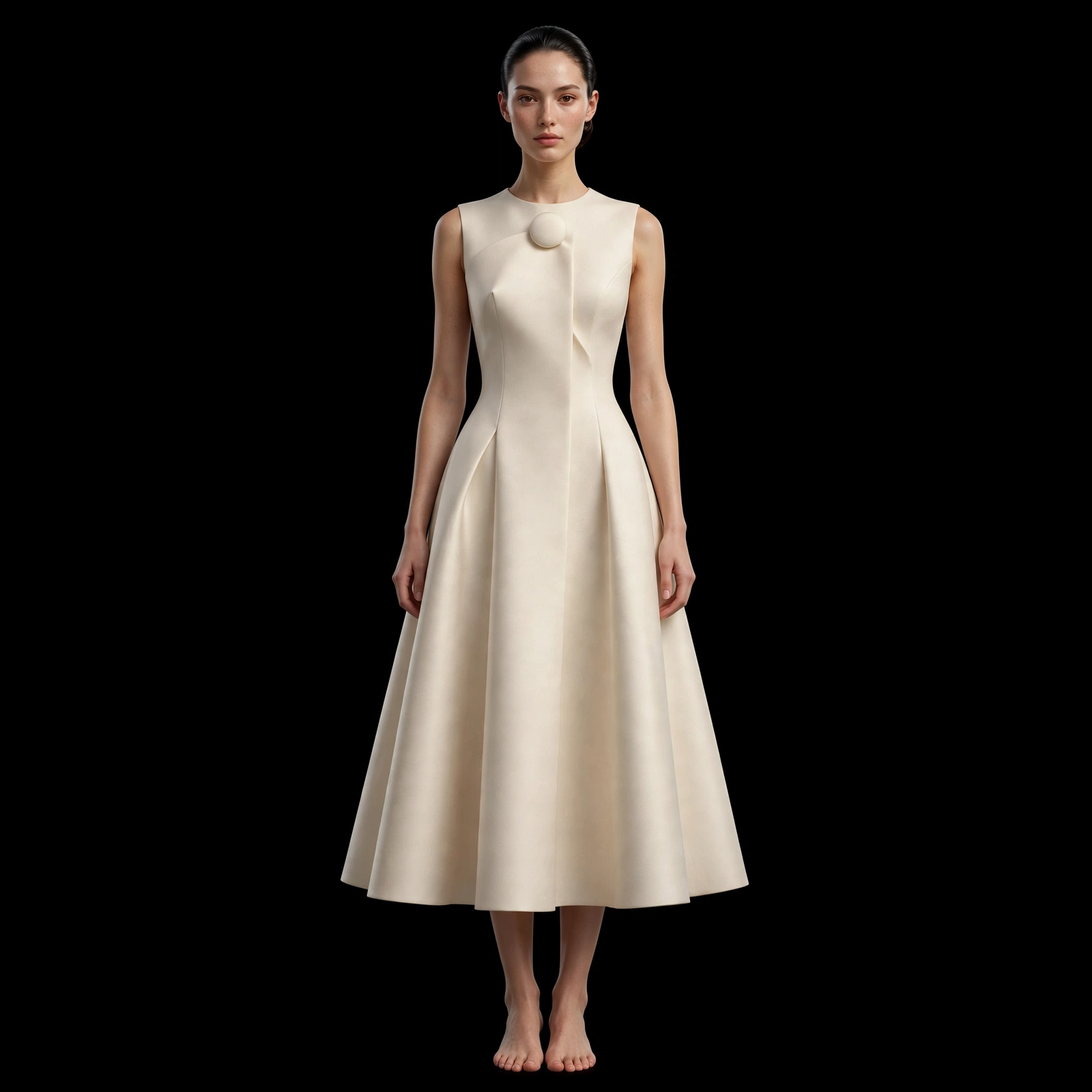 ExpensiveE Cream Ivory Minimal Button Sculptural A-Line Midi Dress