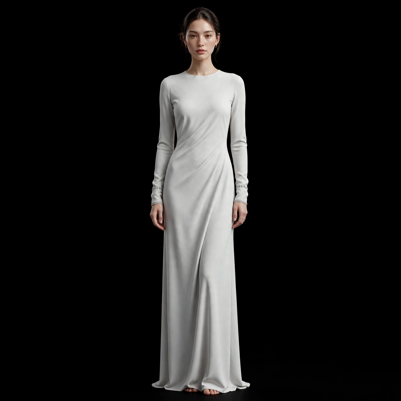 ExpensiveE Off White Draped Twist Side Knot Long Sleeve Maxi Dress with Stitch Cuff
