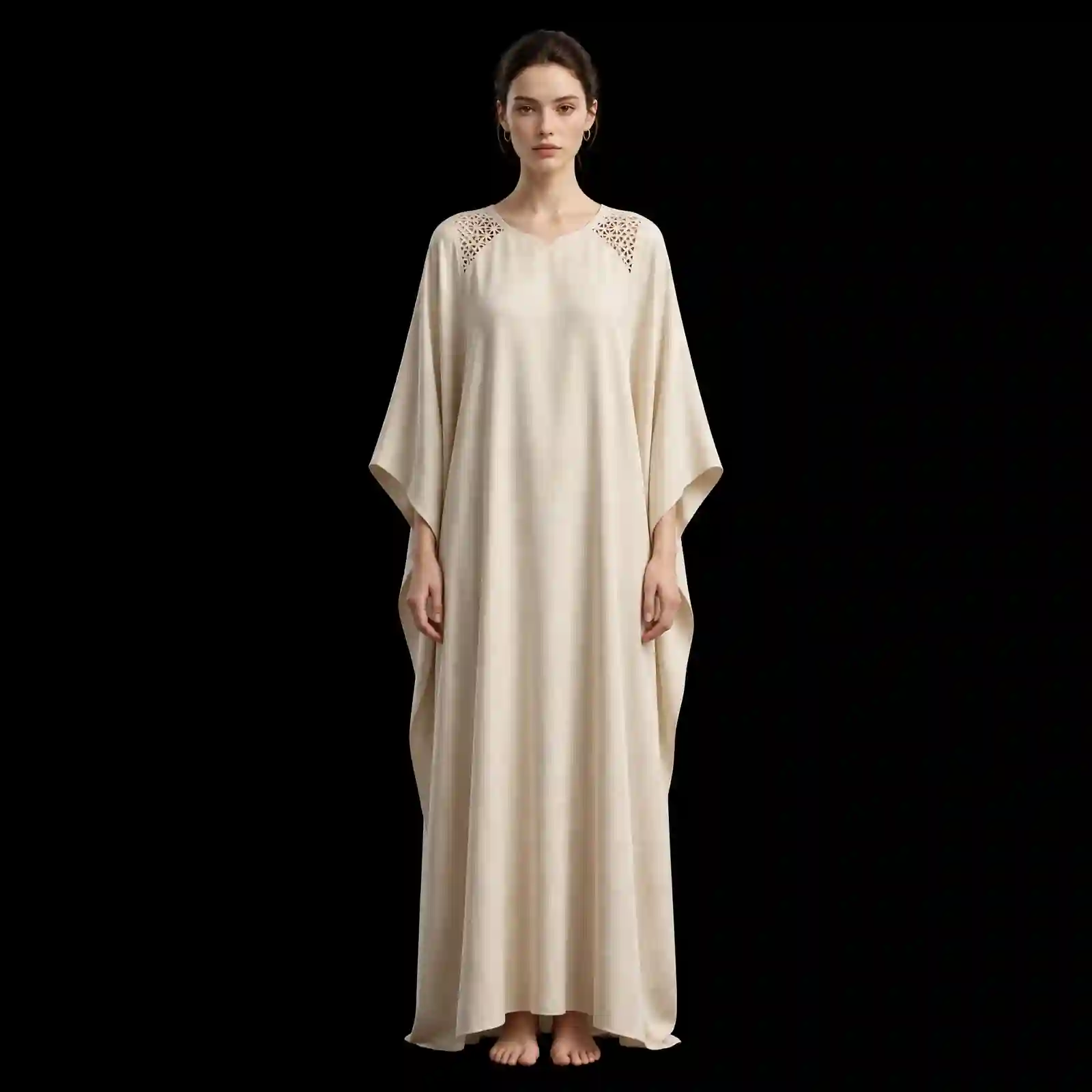ExpensiveE Beige Kaftan Poncho Laser Cut Shoulder Maxi Dress with Barefoot