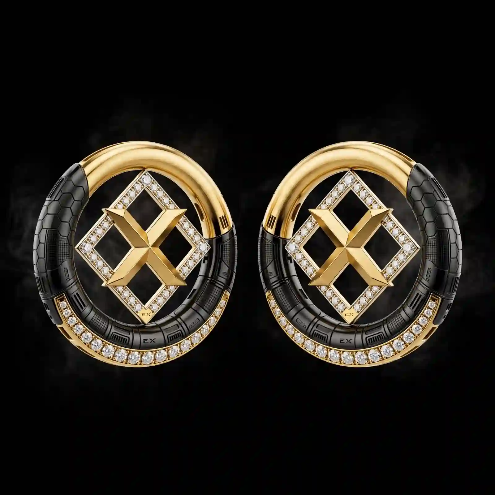 The EX SpaceX Black Titanium Gold Diamond X Hoop Earrings - ExpensiveE SpaceX Hoop Collection 01/01