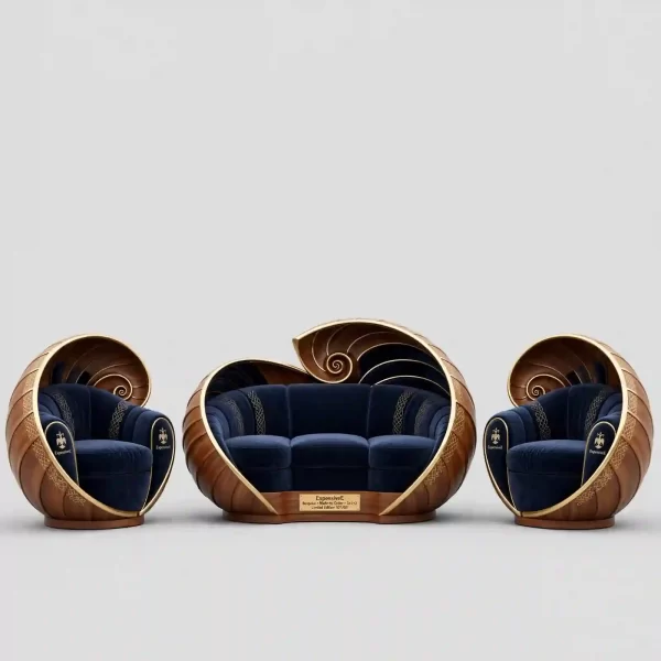 Spiral Seashell Cocoon Luxury Sofa Set - Navy Velvet Gold 3+2+2