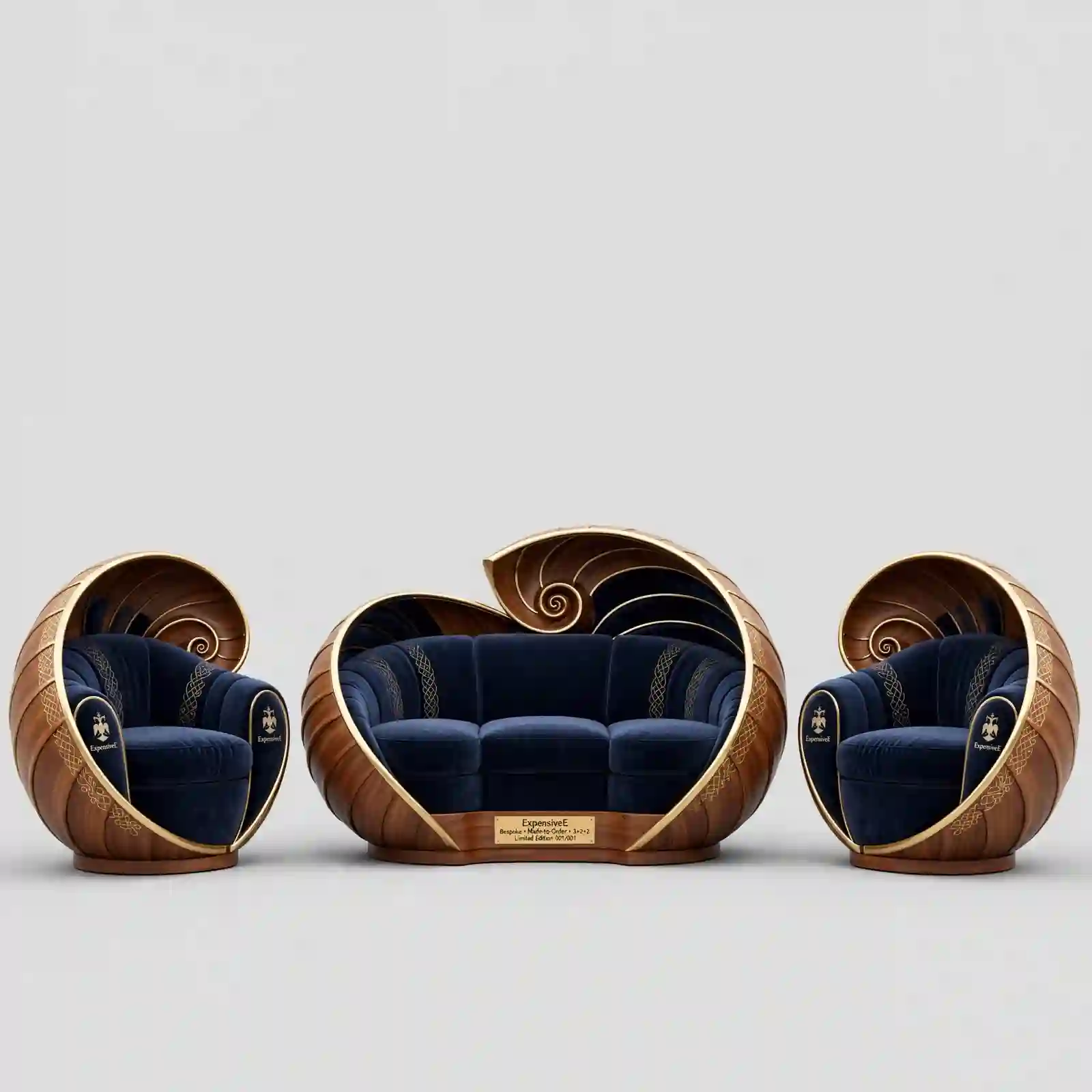 Spiral Seashell Cocoon Luxury Sofa Set - Navy Velvet Gold 3+2+2