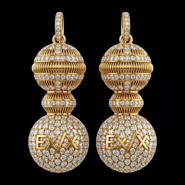 The EX Double Sphere Orb Cage Diamond Pave Gold Gourd Dangle Earrings - ExpensiveE Double Orb Collection 01/01
