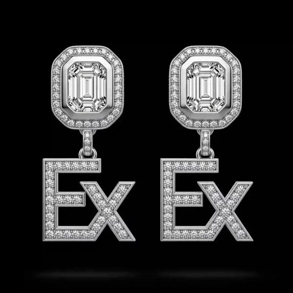 EX Logo Emerald Cut Diamond Halo Drop Earrings