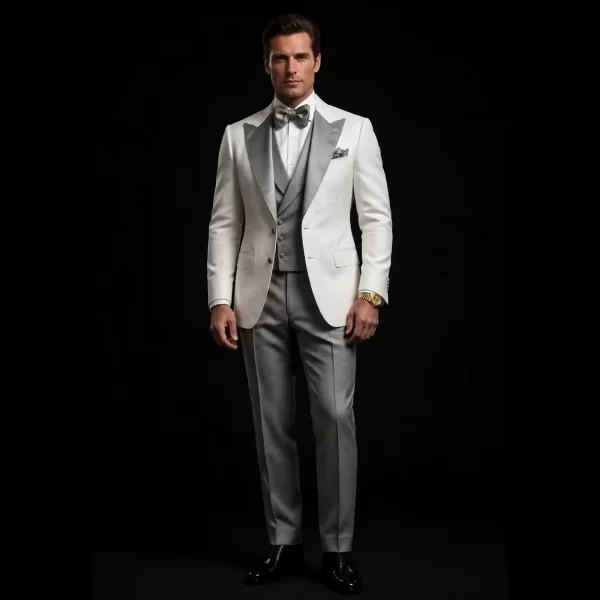 PEARL WHITE SILVER PEAK TUXEDO - Ivory Satin Lapel 3 Piece Billionaire Tuxedo Set - Buy pearl white silver grey Tuxedo Online