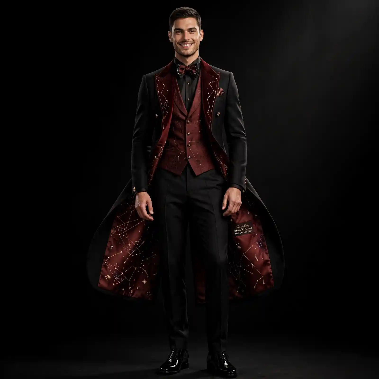 Mens Burgundy Constellation Tailcoat Tuxedo Embroidery