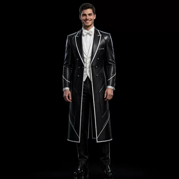 Mens Black Carbon Fiber Long Tuxedo White Piping