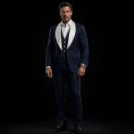 mens midnight navy pinstripe shawl tuxedo ivory silk lapel three piece gala