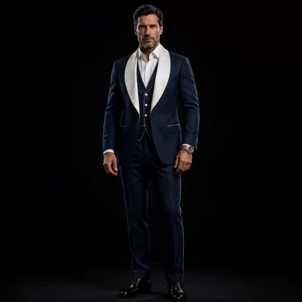 mens midnight navy pinstripe shawl tuxedo ivory silk lapel three piece gala