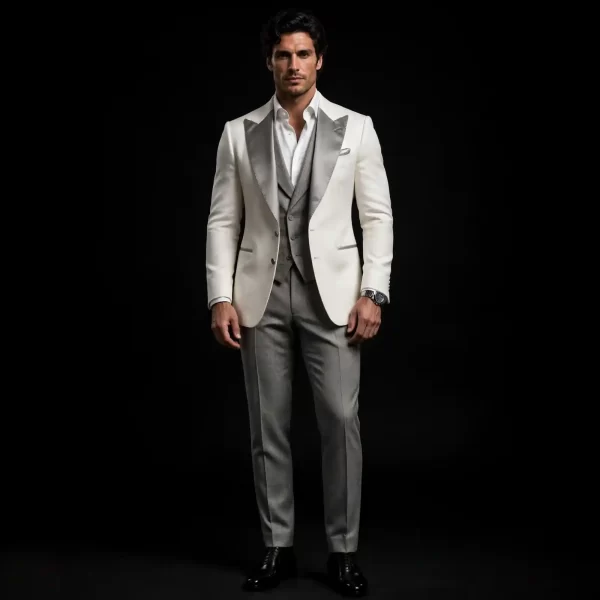 mens pearl ivory grey peak lapel tuxedo silver satin peak three piece suit