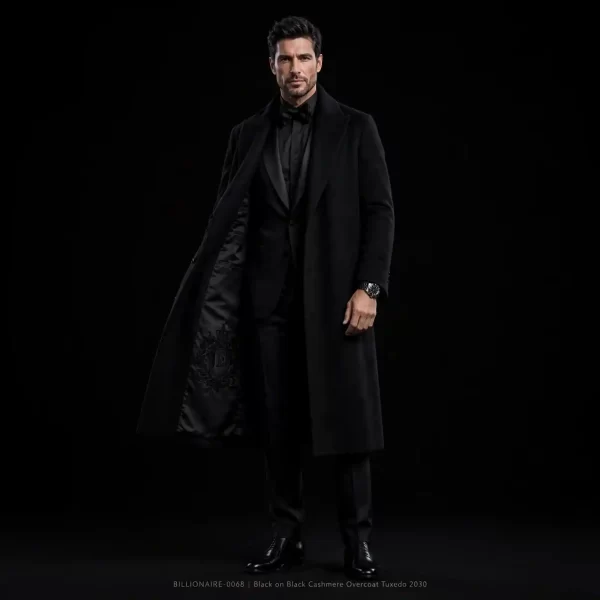 mens black on black cashmere overcoat tuxedo satin peak lapel three piece billionaire 0068