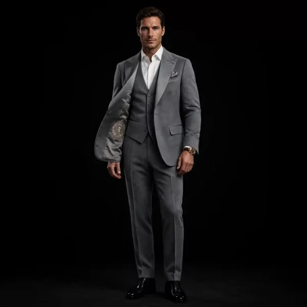 mens slate grey crest lining reveal tuxedo peak lapel three piece embroidered inner flap