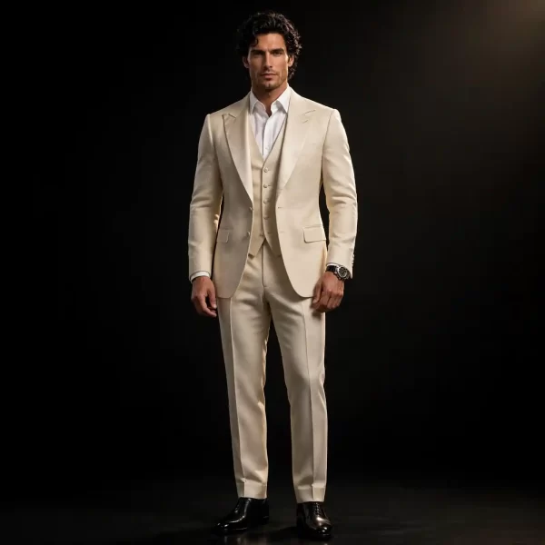 mens champagne beige classic three piece tuxedo peak lapel minimal groom suit