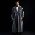 mens charcoal grey faux fur overcoat tuxedo shawl lapel bow tie three piece long coat gala