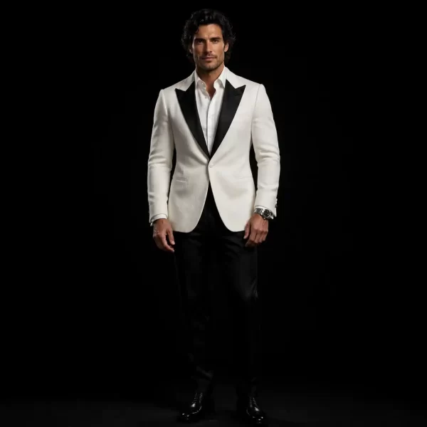 mens ivory white black lapel tuxedo black satin peak lapel two piece contrast gala suit