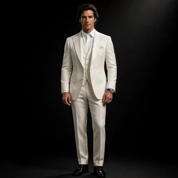 IVORY PEAK LAPEL 3 PIECE TUXEDO - Pearl White Satin Shawl Vest Set - BILLIONAIRE-0055 - Buy pearl white ivory Tuxedo Online
