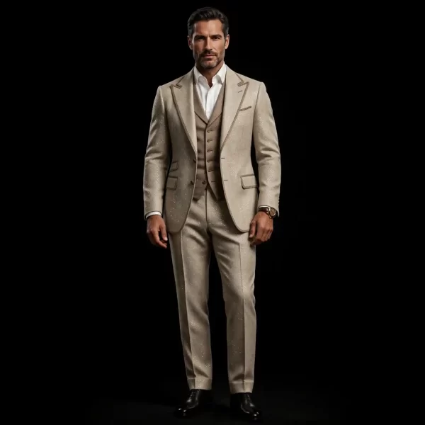 CHAMPAGNE GLITTER PEAK TUXEDO - Beige Gold Sparkle Double Lapel Piping Suit Set - Buy champagne beige gold glitter Tuxedo Online