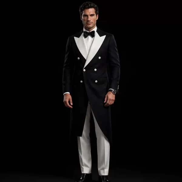 BLACK WHITE LONG TAIL TUXEDO COAT - Double Breasted Satin Peak Lapel Frock Coat - Buy black and white Tuxedo Online