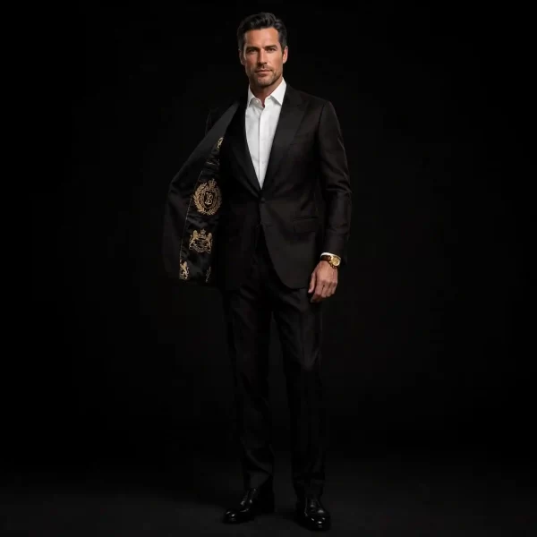 BLACK CREST LINING BILLIONAIRE TUXEDO - Gold Emblem Inner Lining Peak Lapel Suit - Buy jet black Tuxedo Online