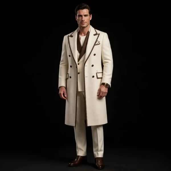 IVORY BROWN TRIM LONG COAT TUXEDO - Cream Double Breasted Frock Coat With Brown Piping - Buy cream ivory brown Tuxedo Online