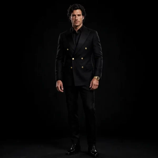 JET BLACK GOLD BUTTON TUXEDO - Double Breasted Satin Peak Lapel Black on Black - Buy jet black Tuxedo Online
