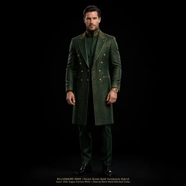 FOREST GREEN GOLD TURTLENECK HYBRID COAT - BILLIONAIRE-0049 Long Tuxedo Coat with Mandarin Collar - Buy forest green gold Tuxedo Online