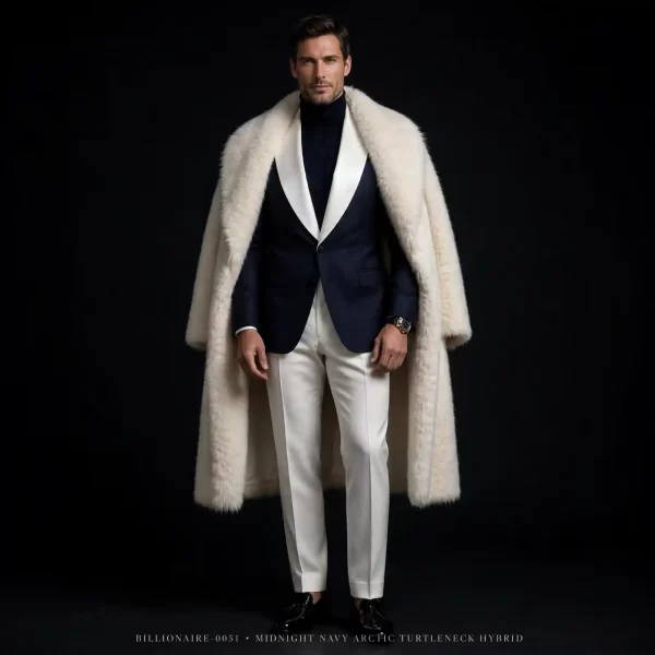 Mens Navy Tuxedo White Fur Coat Turtleneck Hybrid