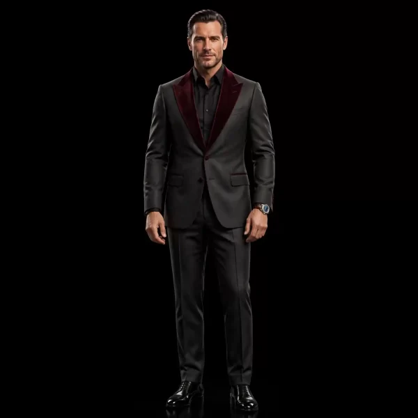 Mens Black Tuxedo Burgundy Velvet Shawl Lapel