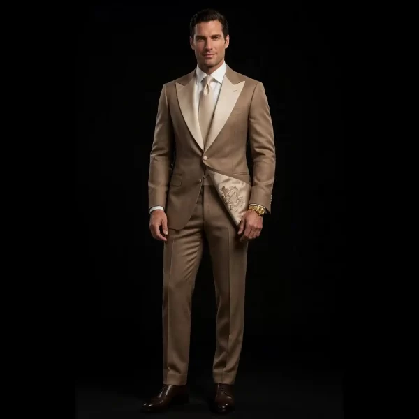 mens taupe desert beige peak lapel tuxedo embroidered silk lining reveal suit