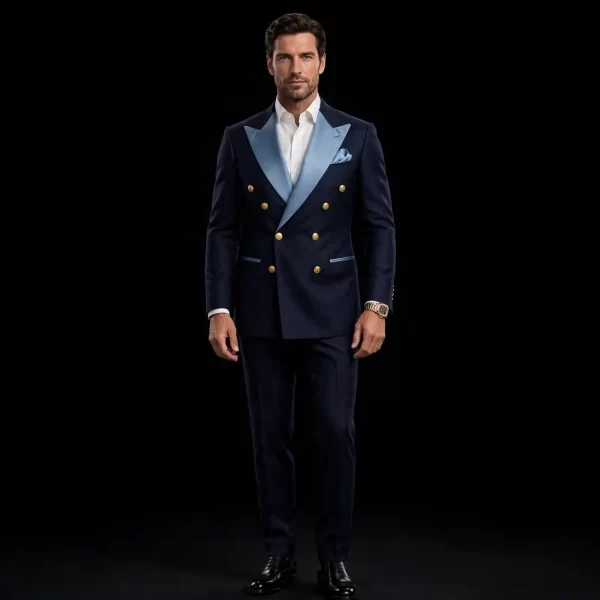 Mens Navy Double Breasted Tuxedo Blue Satin Lapel Gold Buttons