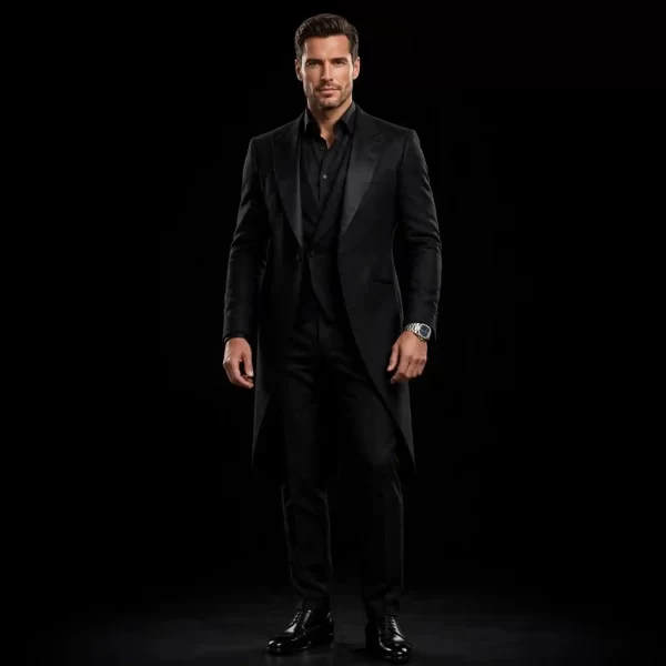 mens jet black tailcoat tuxedo black on black satin peak long tail noir