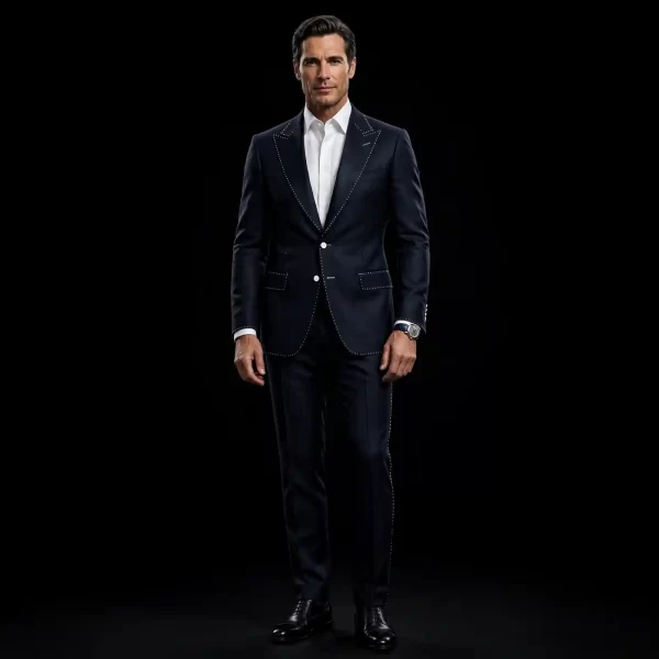 mens midnight navy pic stitch tuxedo white contrast stitch peak lapel gala suit