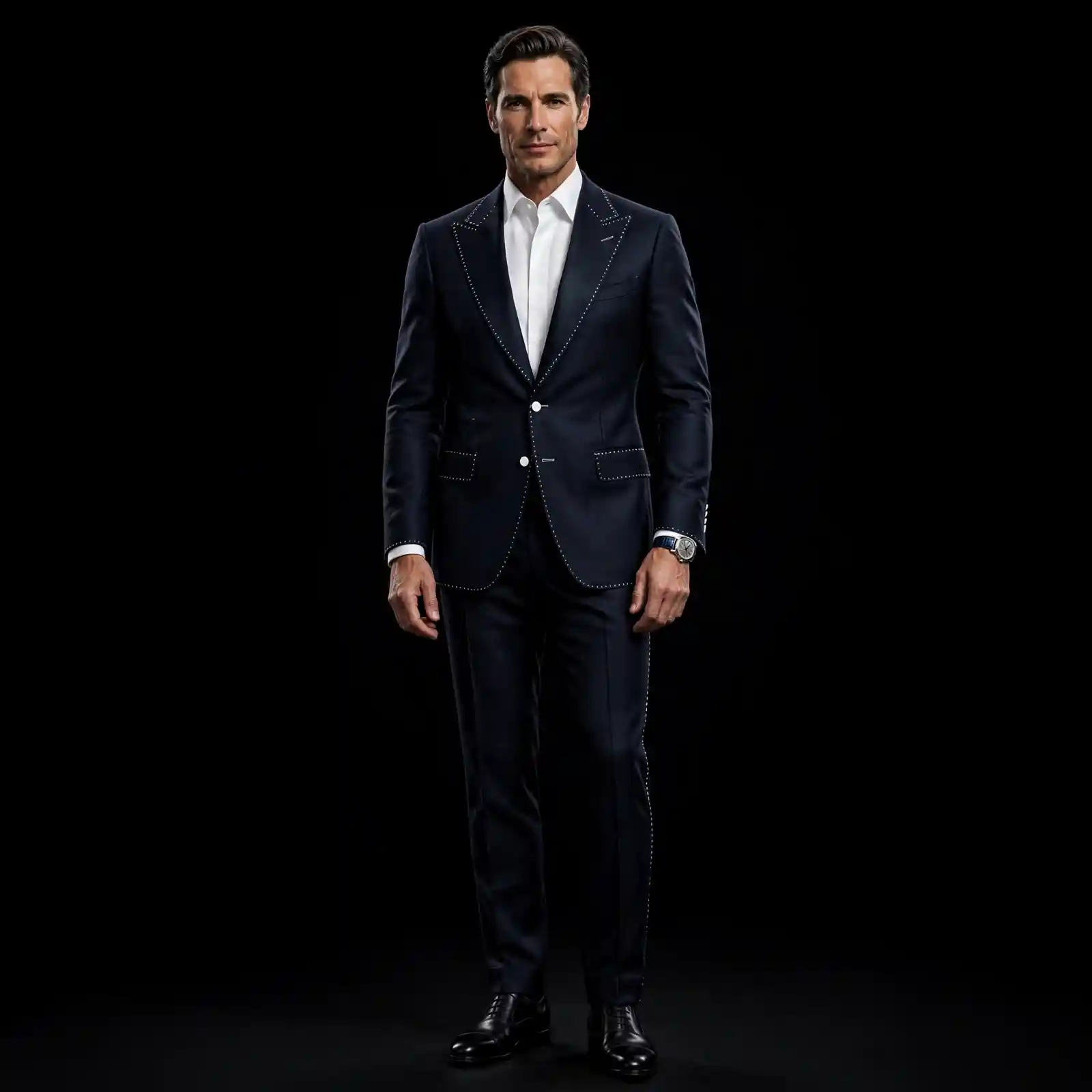 mens midnight navy pic stitch tuxedo white contrast stitch peak lapel gala suit