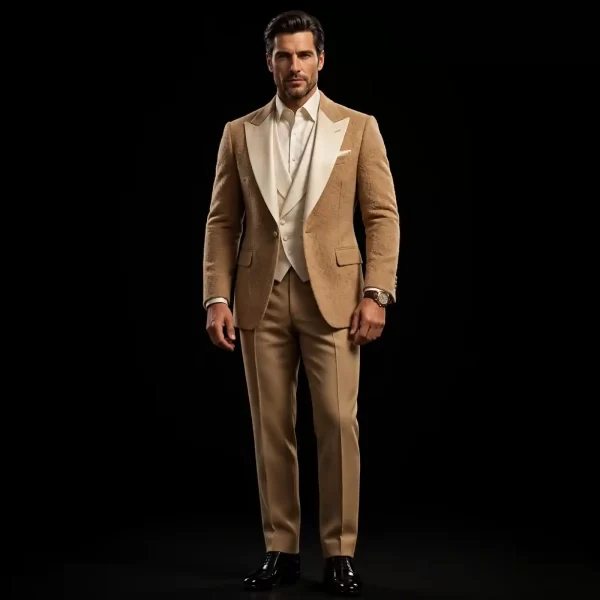 mens camel beige boucle tuxedo ivory satin peak lapel three piece suit