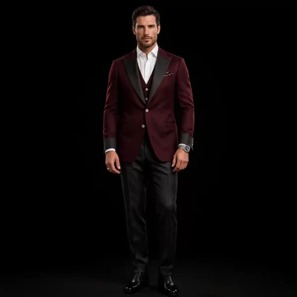 mens burgundy wine black lapel tuxedo black satin peak cuff three piece gala suit