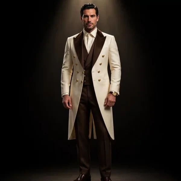 mens ivory brown double breasted tailcoat tuxedo gold button brown shawl long tail coat b21