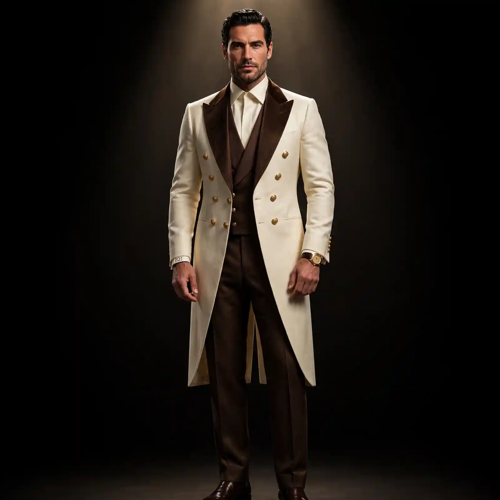mens ivory brown double breasted tailcoat tuxedo gold button brown shawl long tail coat b21