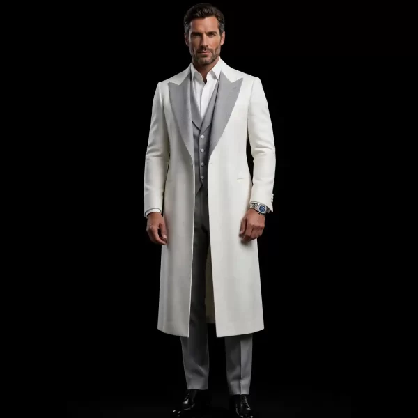 PEARL WHITE PLATINUM LONG COAT TUXEDO - White Silver Herringbone Double Peak Lapel Coat - Buy pearl white silver grey Cape Tuxedo Online