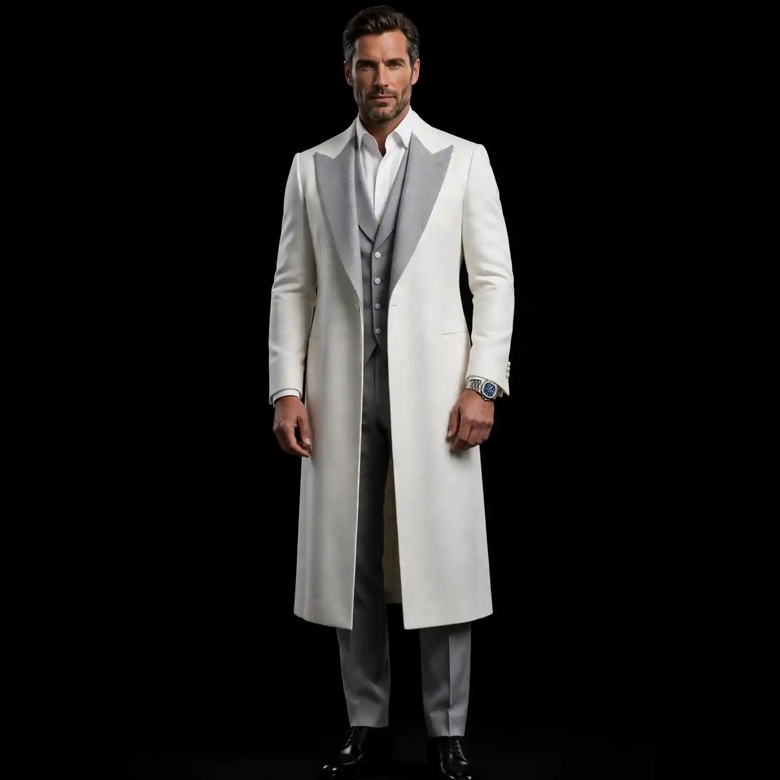 PEARL WHITE PLATINUM LONG COAT TUXEDO - White Silver Herringbone Double Peak Lapel Coat - Buy pearl white silver grey Cape Tuxedo Online